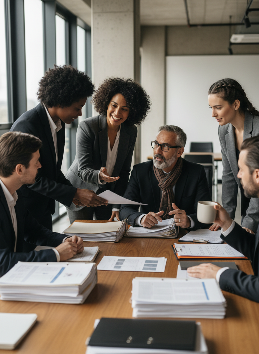 A photorealistic documentary-style editorial photograph of real-looking lawyers from different countries collaborating around a conference table during an international legal meeting, reviewing printed documents and discussing strategy, diverse professionals in a modern law office, natural window light, candid expressions, authentic event photography, realistic skin texture, subtle imperfections, no visible logos, no readable text, no illustration, no CGI, no AI-art aesthetic.